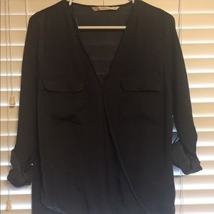 ZARA GRAY SILK V-NECK BLOUSE